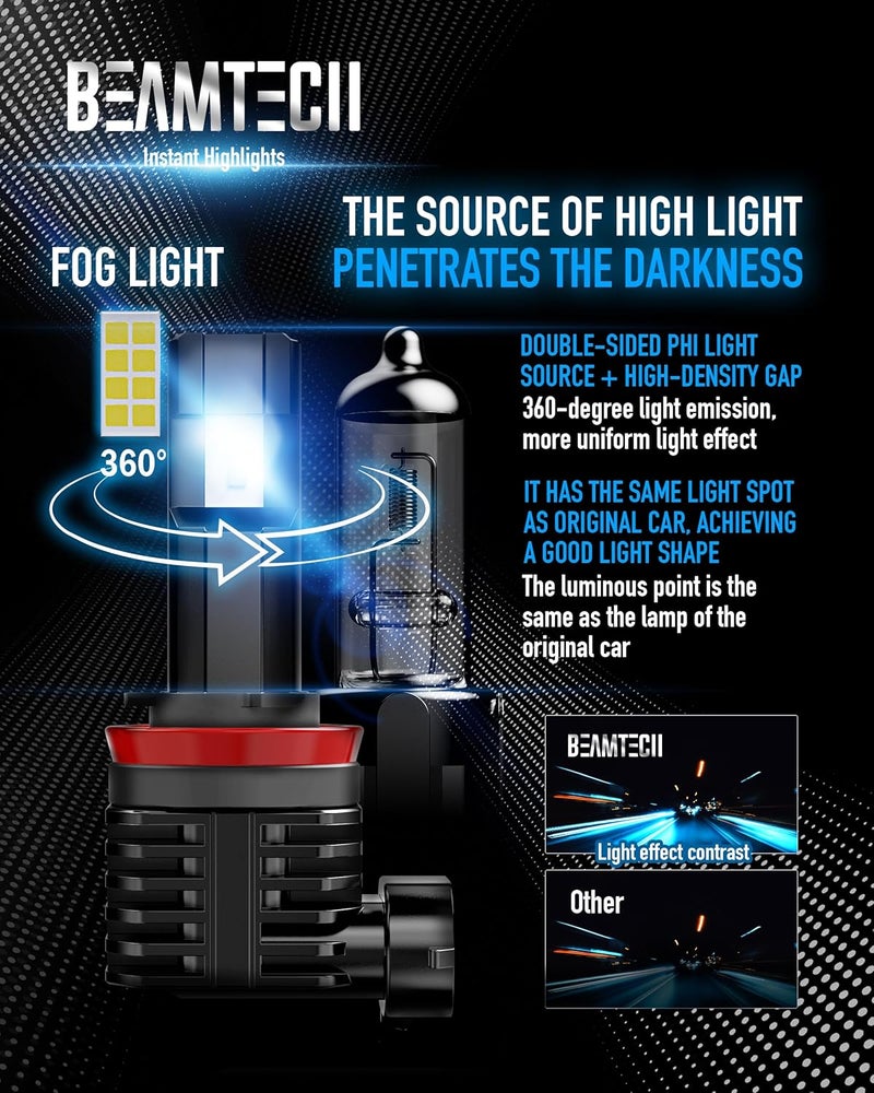 BEAMTECH H11 Bulb, H8 H9 Fog Light Fanless in Line 6500K White Pack of 2 - Image 3